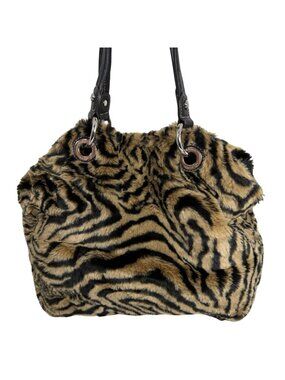 B MAKOWSKY- Animal Print Tiger Faux Fur Double Handle Shoulder Bag Tote EUC